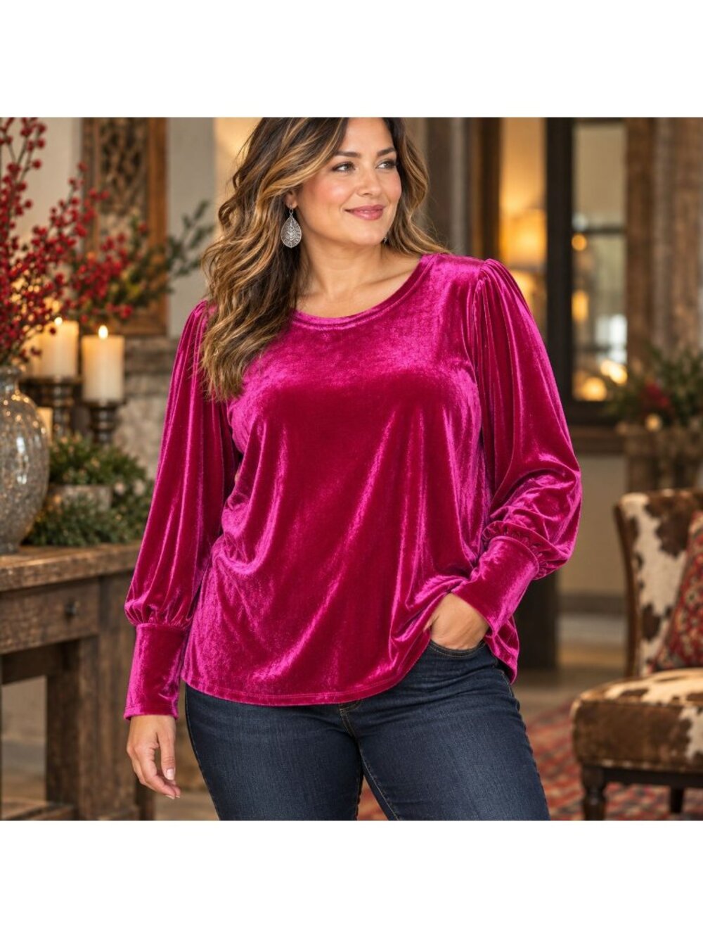 Panhandle Womens XXL Pink Velvet Top Puff Sleeve Western Glam Holiday Blouse